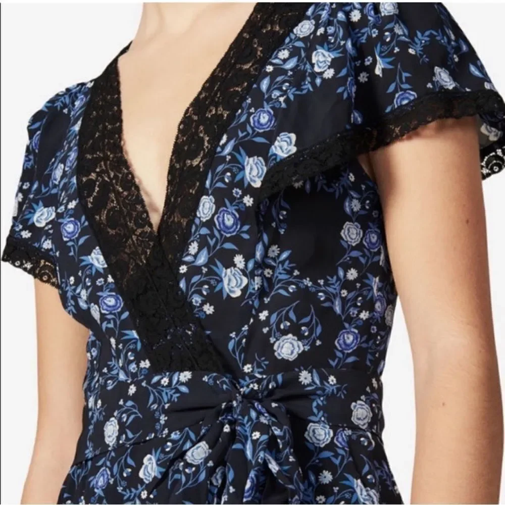 SANDRO  Paris  Womens Sz34 XS Black Blue Floral Silk Heart Romper Jumpsuit NWT - Picture 4 of 16